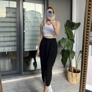 Open Edit Minimalist Avant Garde Front Slit Ruched Stretch Midi Skirt XS
